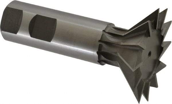 Made in USA - 2-1/4" Diam x 11/16" Width of Cut, 45° Included Angle, High Speed Steel Dovetail Cutter - 1" Shank Diam, 3-1/16" Shank Length, 3-3/4" Overall Length, Weldon Flat, Uncoated - Caliber Tooling