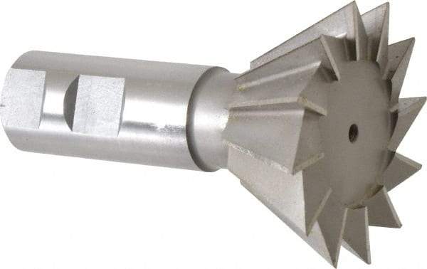 Made in USA - 2-1/2" Diam x 1-1/8" Width of Cut, 60° Included Angle, High Speed Steel Dovetail Cutter - 1" Shank Diam, 3-3/4" Overall Length, Weldon Flat, Uncoated - Caliber Tooling