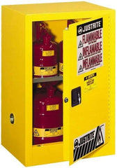 Justrite - 1 Door, 1 Shelf, Yellow Steel Space Saver Safety Cabinet for Flammable and Combustible Liquids - 35" High x 23-1/4" Wide x 18" Deep, Manual Closing Door, 12 Gal Capacity - Caliber Tooling