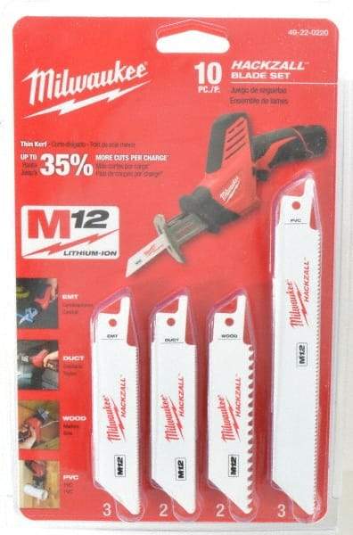 Milwaukee Tool - 10 Piece, 4" Long x 0.035" Thick, Bi-Metal Reciprocating Saw Blade Set - Straight Profile, 6 to 24 Teeth per Inch - Caliber Tooling