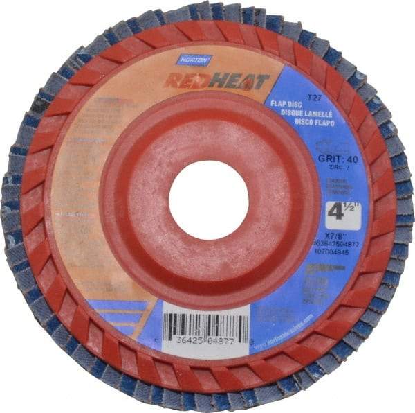 Norton - 40 Grit, 4-1/2" Disc Diam, 7/8" Center Hole, Type 27 Ceramic Flap Disc - 13,000 Max RPM, Plastic Backing, Arbor Attaching System, Coated - Caliber Tooling