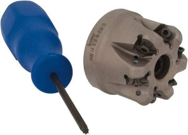 Iscar - 1-1/2" Cut Diam, 0.295" Max Depth, 1/2" Arbor Hole, 6 Inserts, H400 RNHU 1004 Insert Style, Indexable Copy Face Mill - H400 FR-10 Cutter Style, 1.4" High, Through Coolant, Series Heliquad - Caliber Tooling