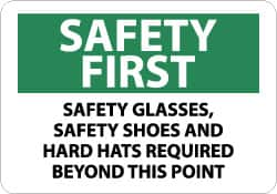 NMC - "Safety First - Safety Glasses, Safety Shoes and Hard Hats Required Beyond This Point", 10" Long x 14" Wide, Pressure-Sensitive Vinyl Safety Sign - Rectangle, 0.004" Thick, Use for Accident Prevention - Caliber Tooling