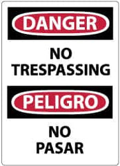 NMC - "Danger - No Trespassing", 14" Long x 10" Wide, Pressure-Sensitive Vinyl Safety Sign - Rectangle, 0.004" Thick, Use for Security & Admittance - Caliber Tooling