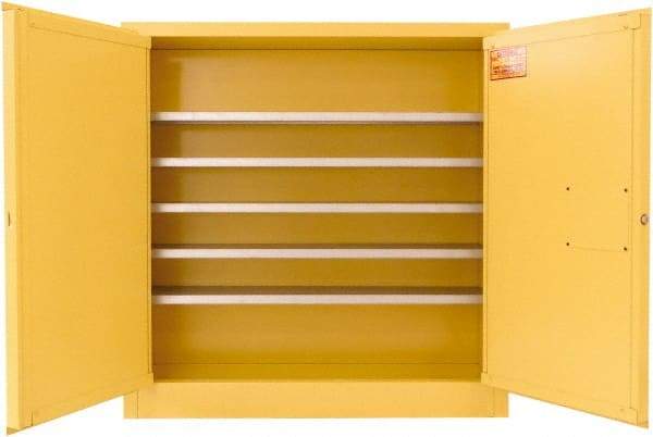 Securall Cabinets - 2 Door, 5 Shelf, Yellow Steel Wall Mount Safety Cabinet for Flammable and Combustible Liquids - 44" High x 43" Wide x 12" Deep, Manual Closing Door, 3 Point Key Lock, 24 Gal Capacity - Caliber Tooling