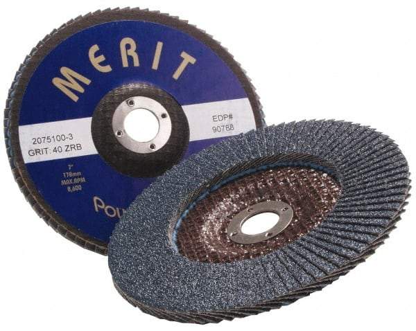 Merit Abrasives - 40 Grit, 7" Disc Diam, 7/8" Center Hole, Type 27 Zirconia Alumina Flap Disc - 8,600 Max RPM, Fiberglass Backing, Arbor Attaching System, Coated - Caliber Tooling