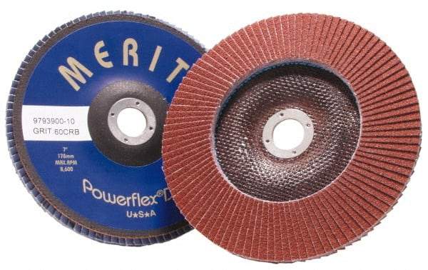 Merit Abrasives - 60 Grit, 4-1/2" Disc Diam, 7/8" Center Hole, Type 27 Aluminum Oxide Flap Disc - 13,300 Max RPM, Fiberglass Backing, Arbor Attaching System, Coated - Caliber Tooling