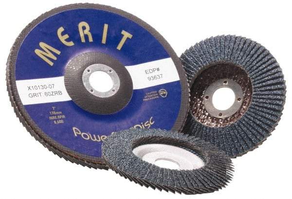 Merit Abrasives - 120 Grit, 5" Disc Diam, 7/8" Center Hole, Type 29 Zirconia Alumina Flap Disc - 12,000 Max RPM, Fiberglass Backing, Arbor Attaching System, Coated - Caliber Tooling