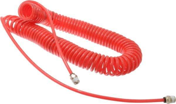 PRO-SOURCE - 0.16 ID, 1/4 Thread, 30' Long, Red Polyurethane Coiled & Self Storing Hose - 125 Max psi, Male Swivel x Male Swivel - Caliber Tooling