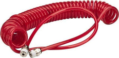 PRO-SOURCE - 0.16 ID, 1/4 Thread, 15' Long, Red Polyurethane Coiled & Self Storing Hose - 125 Max psi, Male Swivel x Male Swivel - Caliber Tooling