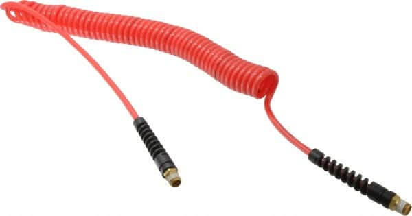 PRO-SOURCE - 3/16" ID, 1/4 Thread, 20' Long, Red Polyurethane Coiled & Self Storing Hose - 147 Max psi, Male Swivel x Male Swivel - Caliber Tooling