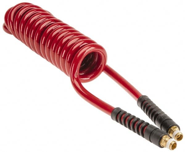 PRO-SOURCE - 3/8" ID, 1/4 Thread, 10' Long, Red Polyurethane Coiled & Self Storing Hose - 200 Max psi, Male Swivel x Male Swivel - Caliber Tooling