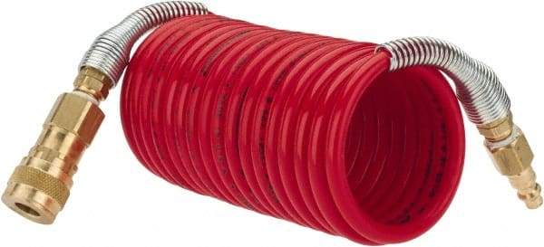 PRO-SOURCE - 1/4" ID, 1/4 Thread, 12' Long, Red Nylon Coiled & Self Storing Hose - 240 Max psi, Industrial Interchange Coupler x Plug - Caliber Tooling