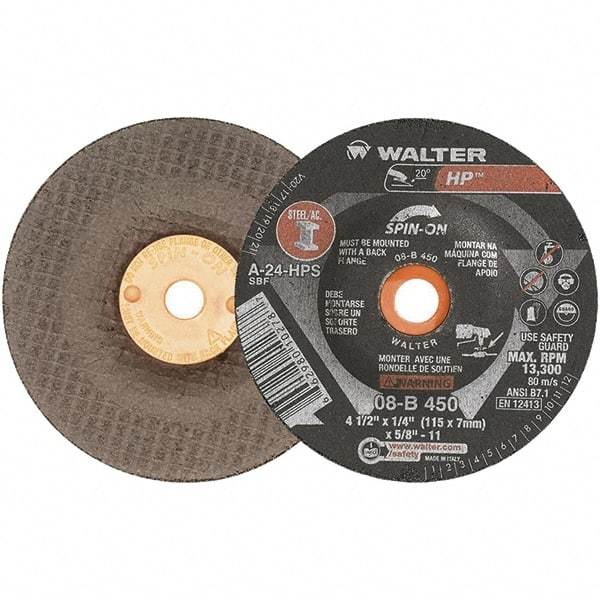 WALTER Surface Technologies - 24 Grit, 4-1/2" Wheel Diam, 1/4" Wheel Thickness, Type 27 Depressed Center Wheel - Aluminum Oxide, 13,300 Max RPM - Caliber Tooling