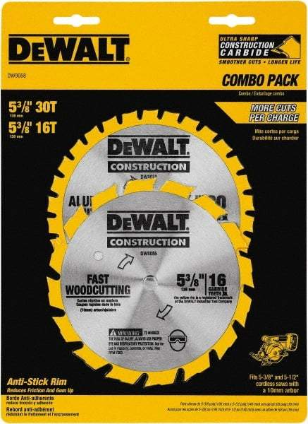 DeWALT - 5-3/8" Diam, 0.3937" Arbor Hole Diam, 16 & 30 Tooth Wet & Dry Cut Saw Blade - Tungsten Carbide-Tipped, Fast Cutting Action, Diamond Arbor - Caliber Tooling