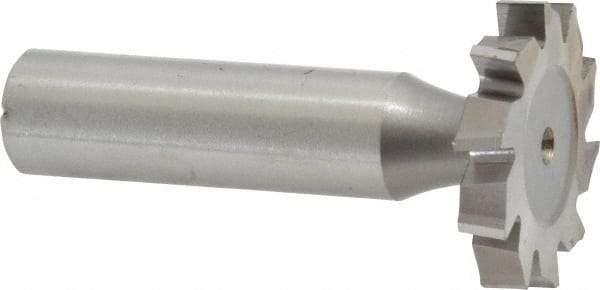 Made in USA - 1-1/8" Diam x 3/16" Face Width, High Speed Steel, 10 Teeth, Shank Connection Woodruff Keyseat Cutter - Uncoated, 2-3/16" OAL x 1/2" Shank, Staggered Teeth, ANSI 609, Old Standard 16 - Caliber Tooling