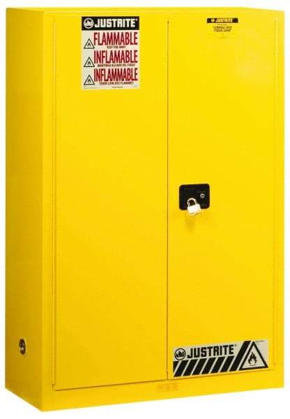 Justrite - 2 Door, 2 Shelf, Yellow Steel Standard Safety Cabinet for Flammable and Combustible Liquids - 65" High x 43" Wide x 18" Deep, Manual Closing Door, 3 Point Key Lock, 45 Gal Capacity - Caliber Tooling