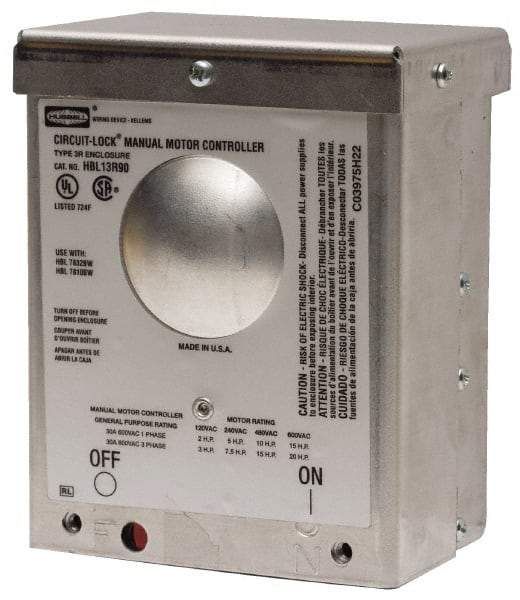 Hubbell Wiring Device-Kellems - 2 Poles, 60 Amp, Open Toggle Manual Motor Starter - 85.9mm Wide x 44.5mm Deep x 96mm High, 20 hp, CSA Certified & UL Listed - Caliber Tooling