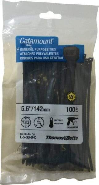 Thomas & Betts - 5.6" Long Black Nylon Standard Cable Tie - 30 Lb Tensile Strength, 1.21mm Thick, 1-1/4" Max Bundle Diam - Caliber Tooling