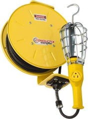 Conductix - 16 AWG, 25' Cable Length, Cord & Cable Reel with Incandescent Hand Lamp End - 1 Outlet, NEMA 5-15R, 10 Amps, 125 Volts, SOOW-A Cable, Yellow Reel, Spring Driven Reel - Caliber Tooling