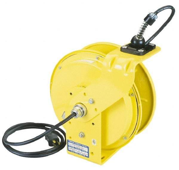 Conductix - 16 AWG, 35' Cable Length, Cord & Cable Reel with Bare End - 3 Outlets, NEMA 5-15R, 10 Amps, 110 Volts, SOOW-A Cable, Yellow Reel, Spring Driven Reel - Caliber Tooling