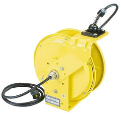 Conductix - 16 AWG, 35' Cable Length, Cord & Cable Reel with Bare End - 3 Outlets, NEMA 5-15R, 10 Amps, 110 Volts, SOOW-A Cable, Yellow Reel, Spring Driven Reel - Caliber Tooling