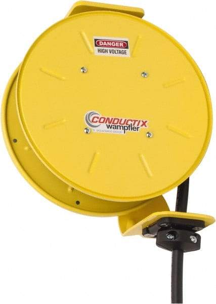 Conductix - 12 AWG, 20' Cable Length, Cord & Cable Reel with Bare End - 3 Outlets, NEMA 5-20R, 20 Amps, SEOW-A Cable, Yellow Reel, Spring Driven Reel - Caliber Tooling