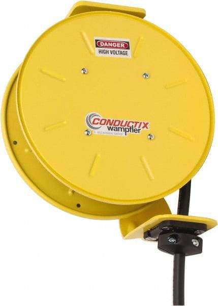 Conductix - 14 AWG, 20' Cable Length, Cord & Cable Reel with Bare End - 4 Outlets, NEMA 5-15R, 12 Amps, SEOW-A Cable, Yellow Reel, Spring Driven Reel - Caliber Tooling