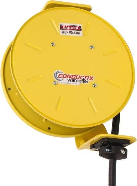 Conductix - 14 AWG, 30' Cable Length, Cord & Cable Reel with Bare End - 4 Outlets, NEMA 5-15R, 12 Amps, SEOW-A Cable, Yellow Reel, Spring Driven Reel - Caliber Tooling