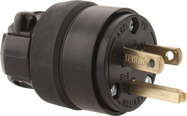 Leviton - 125 VAC, 15 Amp, 5-15P NEMA, Straight, Self Grounding, Residential Grade Plug - 2 Pole, 3 Wire, 1 Phase, Rubber, Black - Caliber Tooling