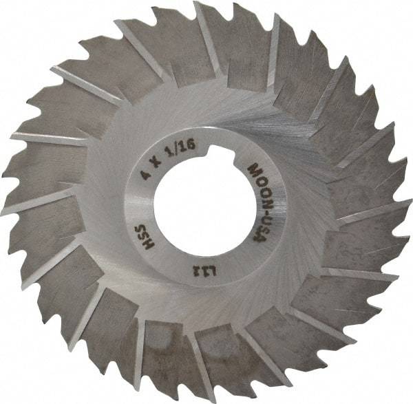 Made in USA - 4" Blade Diam x 1/16" Blade Thickness, 1" Hole, 32 Teeth, High Speed Steel Side Chip Saw - Staggered Tooth, Arbor Connection, Right Hand Cut, Uncoated, with Keyway - Caliber Tooling