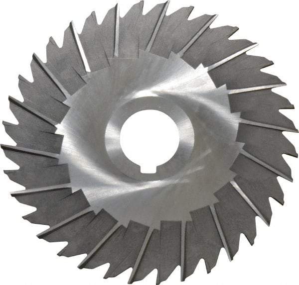 Made in USA - 5" Blade Diam x 3/32" Blade Thickness, 1" Hole, 36 Teeth, High Speed Steel Side Chip Saw - Staggered Tooth, Arbor Connection, Right Hand Cut, Uncoated, with Keyway - Caliber Tooling