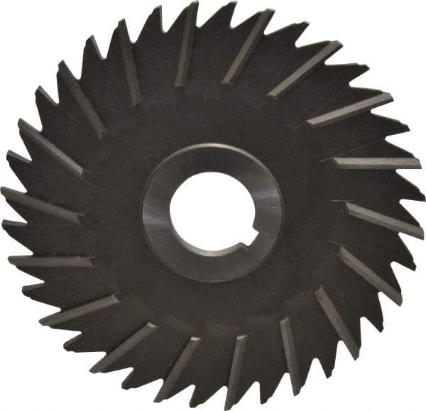 Made in USA - 5" Blade Diam x 3/16" Blade Thickness, 1" Hole, 36 Teeth, High Speed Steel Side Chip Saw - Staggered Tooth, Arbor Connection, Right Hand Cut, Uncoated, with Keyway - Caliber Tooling