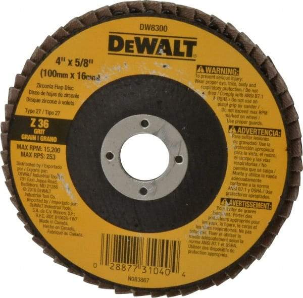 DeWALT - 36 Grit, 4" Disc Diam, 5/8" Center Hole, Type 27 Zirconia Alumina Flap Disc - 15,200 Max RPM, Fiberglass Backing, Arbor Attaching System, Coated - Caliber Tooling