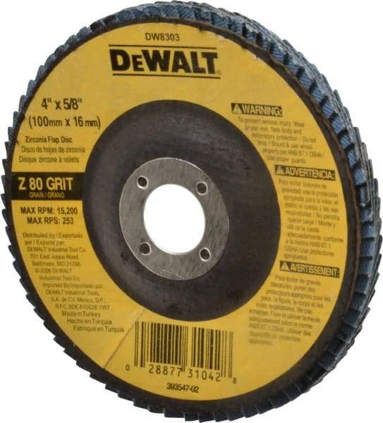 DeWALT - 80 Grit, 4" Disc Diam, 5/8" Center Hole, Type 27 Zirconia Alumina Flap Disc - 15,200 Max RPM, Fiberglass Backing, Arbor Attaching System, Coated - Caliber Tooling