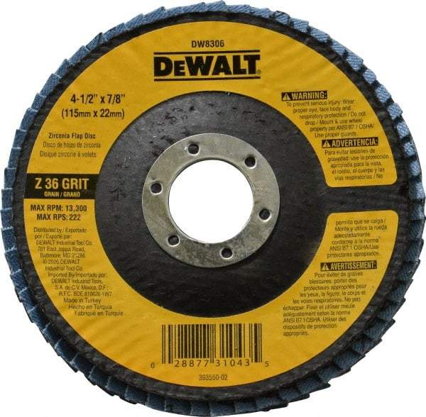 DeWALT - 36 Grit, 4-1/2" Disc Diam, 7/8" Center Hole, Type 29 Zirconia Alumina Flap Disc - 13,300 Max RPM, Fiberglass Backing, Arbor Attaching System, Coated - Caliber Tooling