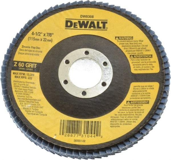 DeWALT - 60 Grit, 4-1/2" Disc Diam, 7/8" Center Hole, Type 29 Zirconia Alumina Flap Disc - 13,300 Max RPM, Fiberglass Backing, Arbor Attaching System, Coated - Caliber Tooling