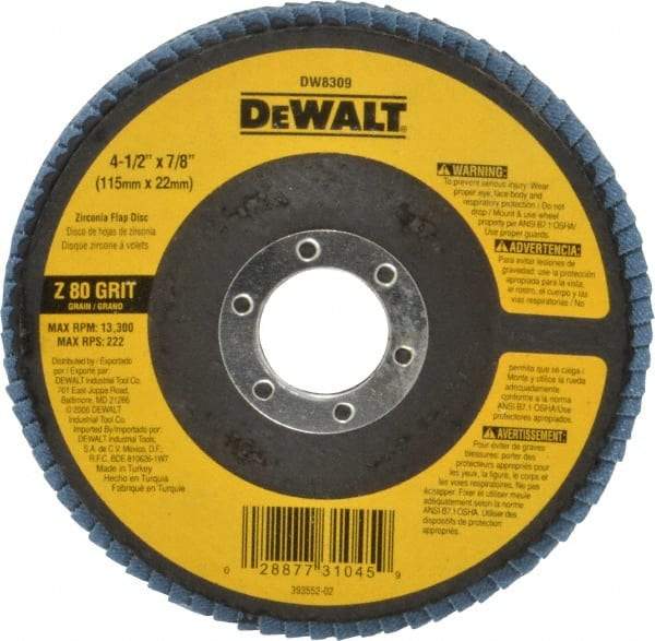 DeWALT - 80 Grit, 4-1/2" Disc Diam, 7/8" Center Hole, Type 29 Zirconia Alumina Flap Disc - 13,300 Max RPM, Fiberglass Backing, Arbor Attaching System, Coated - Caliber Tooling