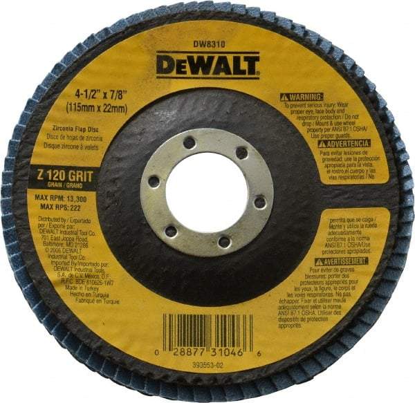 DeWALT - 120 Grit, 4-1/2" Disc Diam, 7/8" Center Hole, Type 29 Zirconia Alumina Flap Disc - 13,300 Max RPM, Fiberglass Backing, Arbor Attaching System, Coated - Caliber Tooling