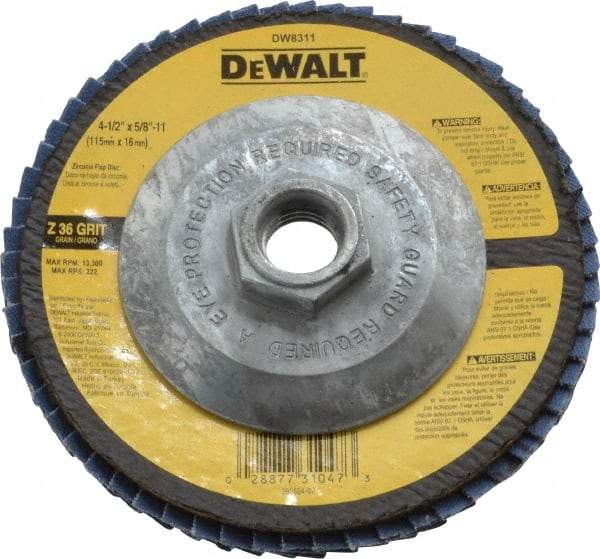 DeWALT - 36 Grit, 4-1/2" Disc Diam, 5/8-11 Center Hole, Type 29 Zirconia Alumina Flap Disc - 13,300 Max RPM, Fiberglass Backing, Arbor Attaching System, Coated - Caliber Tooling