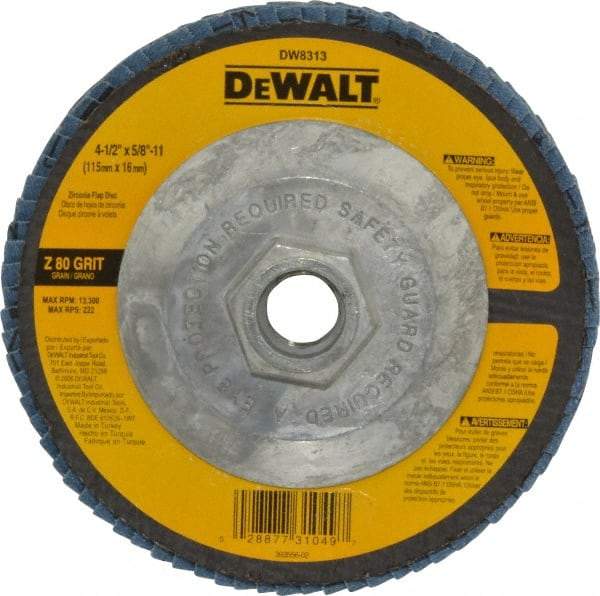 DeWALT - 80 Grit, 4-1/2" Disc Diam, 5/8-11 Center Hole, Type 29 Zirconia Alumina Flap Disc - 13,300 Max RPM, Fiberglass Backing, Arbor Attaching System, Coated - Caliber Tooling