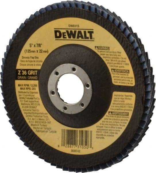 DeWALT - 40 Grit, 5" Disc Diam, 7/8" Center Hole, Type 29 Zirconia Alumina Flap Disc - 12,200 Max RPM, Fiberglass Backing, Arbor Attaching System, Coated - Caliber Tooling