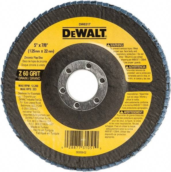 DeWALT - 60 Grit, 5" Disc Diam, 7/8" Center Hole, Type 29 Zirconia Alumina Flap Disc - 12,200 Max RPM, Fiberglass Backing, Arbor Attaching System, Coated - Caliber Tooling