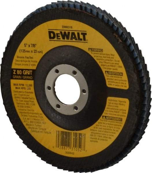 DeWALT - 80 Grit, 5" Disc Diam, 7/8" Center Hole, Type 29 Zirconia Alumina Flap Disc - 12,200 Max RPM, Fiberglass Backing, Arbor Attaching System, Coated - Caliber Tooling