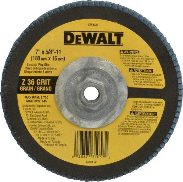 DeWALT - 36 Grit, 7" Disc Diam, 5/8-11 Center Hole, Type 29 Zirconia Alumina Flap Disc - 8,700 Max RPM, Fiberglass Backing, Arbor Attaching System, Coated - Caliber Tooling