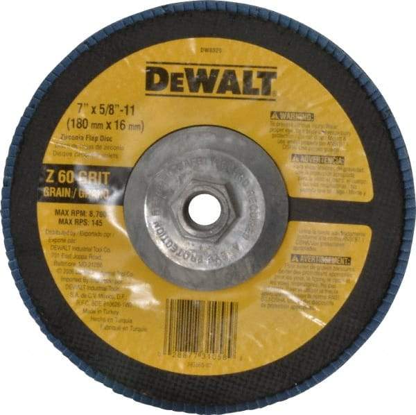 DeWALT - 60 Grit, 7" Disc Diam, 5/8-11 Center Hole, Type 29 Zirconia Alumina Flap Disc - 8,700 Max RPM, Fiberglass Backing, Arbor Attaching System, Coated - Caliber Tooling