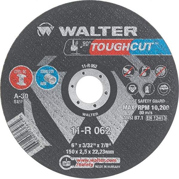 WALTER Surface Technologies - 6" 30 Grit Aluminum Oxide Cutoff Wheel - 3/32" Thick, 7/8" Arbor, 10,200 Max RPM, Use with Angle Grinders - Caliber Tooling