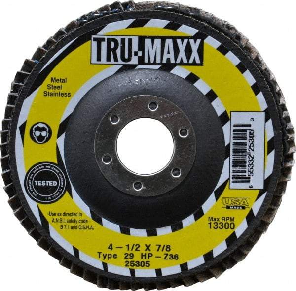 Tru-Maxx - 36 Grit, 4-1/2" Disc Diam, 7/8" Center Hole, Type 29 Zirconia Alumina Flap Disc - 13,300 Max RPM, Arbor Attaching System, Coated - Caliber Tooling