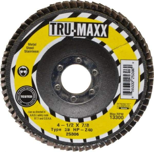 Tru-Maxx - 40 Grit, 4-1/2" Disc Diam, 7/8" Center Hole, Type 29 Zirconia Alumina Flap Disc - 13,300 Max RPM, Arbor Attaching System, Coated - Caliber Tooling