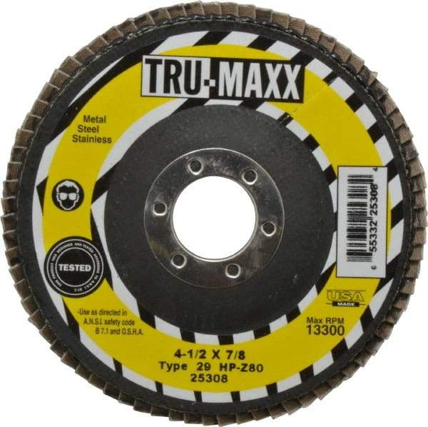 Tru-Maxx - 80 Grit, 4-1/2" Disc Diam, 7/8" Center Hole, Type 29 Zirconia Alumina Flap Disc - 13,300 Max RPM, Arbor Attaching System, Coated - Caliber Tooling